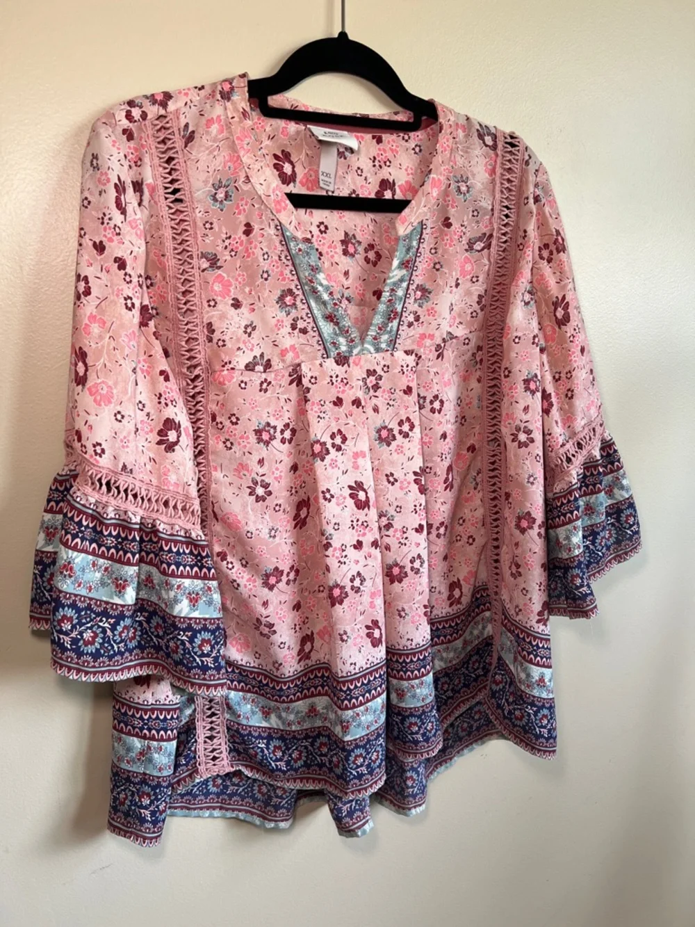 Knox Rose XXL Pink Floral Boho Peasant Blouse Bell Sleeve Top - Picture 6 of 9
